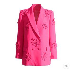 Edgy Floral Embroidered Peak Lapel Double Breasted Blazer - Hot Pink